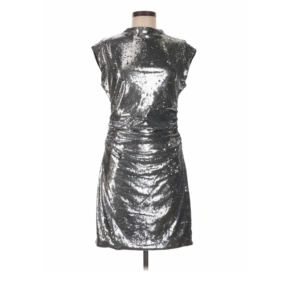 Michael Kors Womens Silver Sequin Mock Neck Ruched Cocktail Dress Medium NWOT